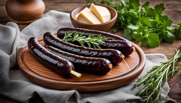 Photo delicious spanish morcilla sausage in a dish with herbs and cheese on a wooden table in the kitchen