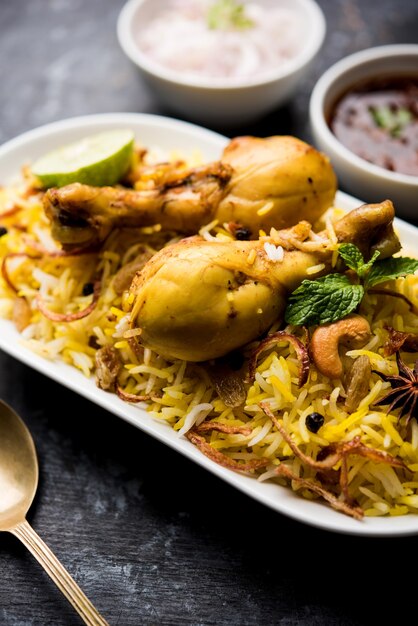 Delicious spicy chicken biryani in bowl over moody background, itÃ¢ÂÂs a popular Indian and Pakistani food
