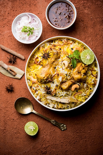 Foto delizioso pollo piccante biryani in una ciotola su sfondo lunatico, è un popolare cibo indiano e pakistano