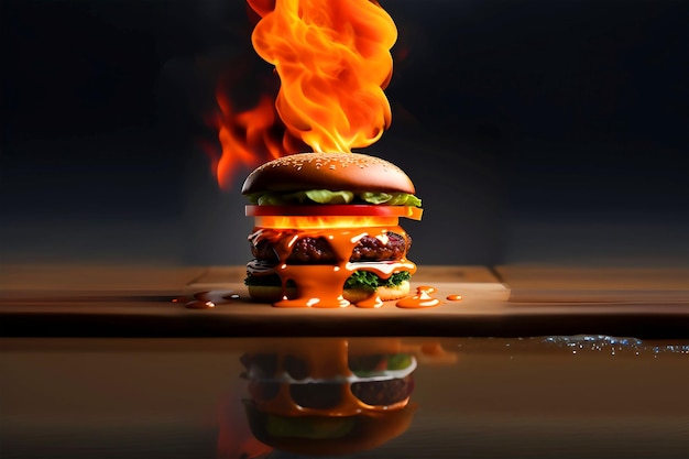 Delicious spicy fried chicken burger ads with burning fire in 3d illustration