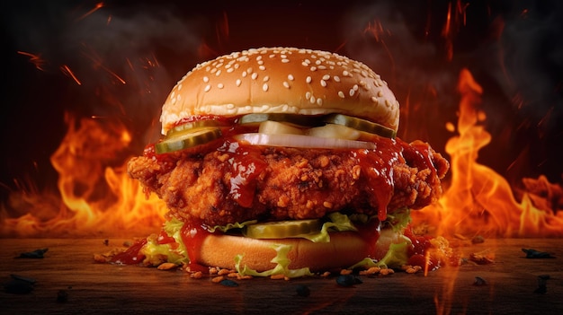 Photo delicious spicy fried chicken burger generative ai