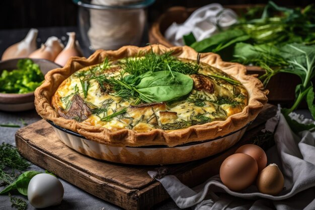 Delicious spinach quiche on a wooden cutting board Generative AI