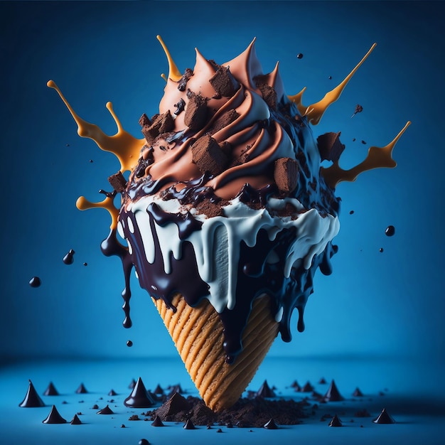 Delicious splash ice cream cone design with exploding and liquify chocolate pieces isolated sundae