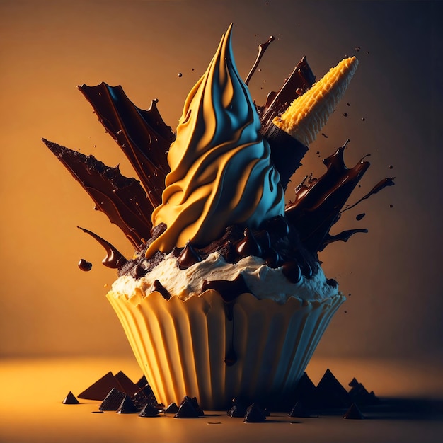 Delicious splash ice cream cone design with exploding and liquify chocolate pieces