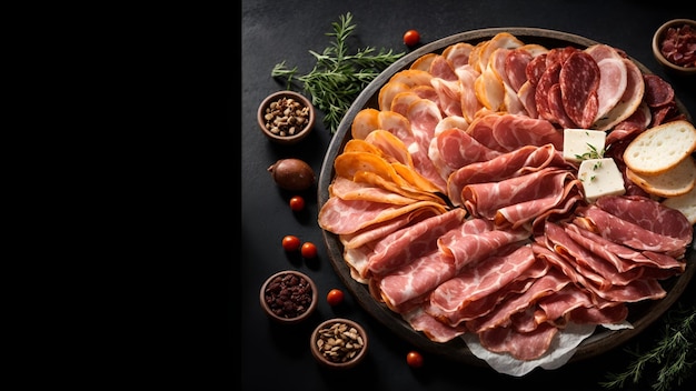 A delicious spread of meats and cheeses on a rustic table