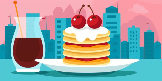 Photo a delicious stack of pancakes topped with cherries and accompanied by a refreshing glass of juice