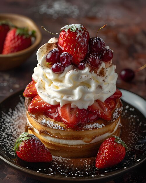 Delicious stack of pancakes topped with whipped cream and strawberries