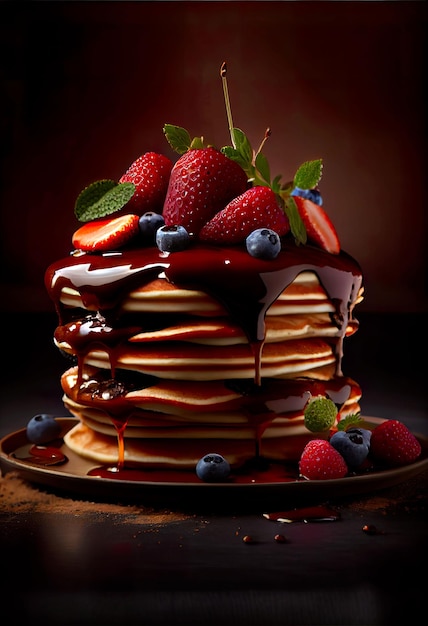 Delicious stack of pancakes with fruit and dark background. Dark food style. Generative AI.