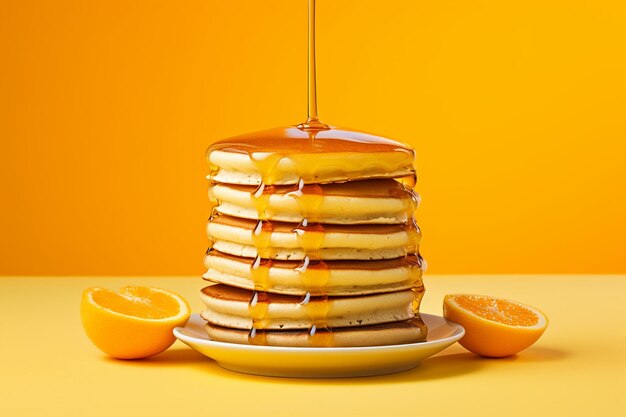 Delicious stack of pancakes with maple syrup on an orange plate generative ai
