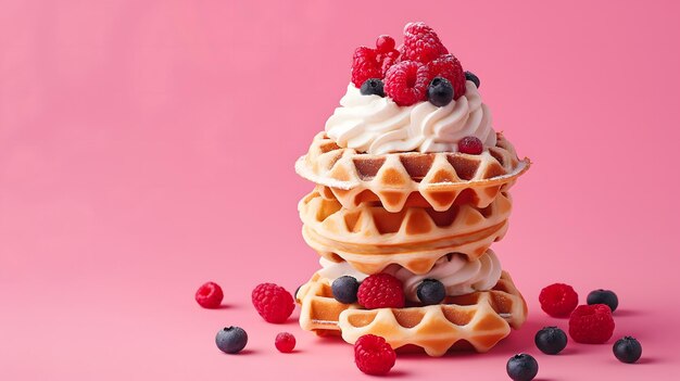 Delicious Stack of Waffles with Whipped Cream and Berries