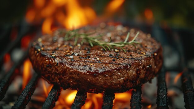 A delicious steak cooking over open flames