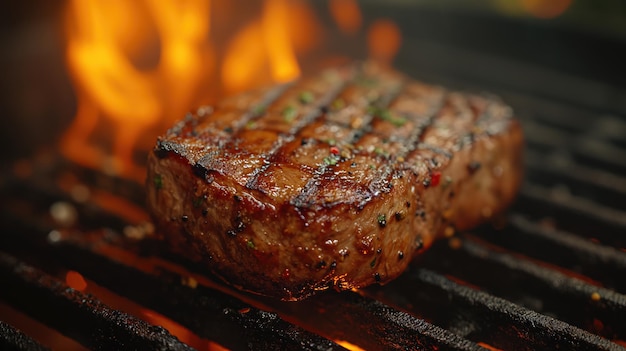 A delicious steak cooking over open flames