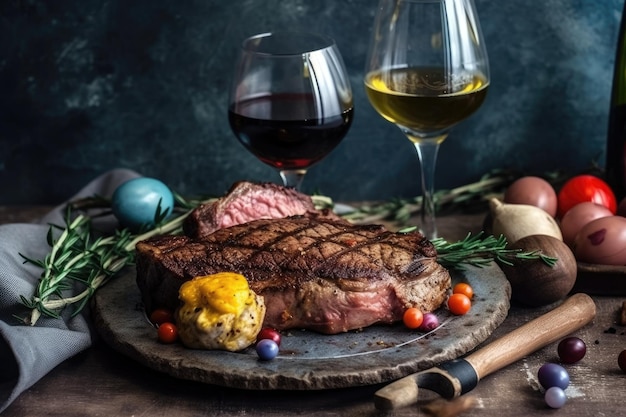 Delicious steak dinner with two glasses of wine on a table Generative AI