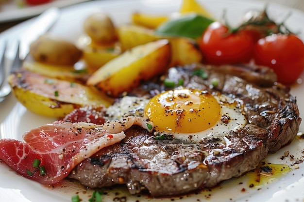 Delicious Steak and Eggs Meal on a Plate with Potato and Vegetable Sides Perfect Dinner Dish