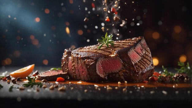 Photo delicious steak floating in the air cinematic food professional photography