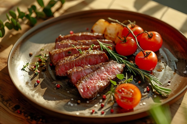 Delicious Steak Slices with Vegetables on Plate