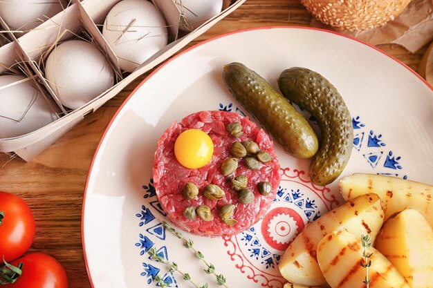 Delicious steak tartare with yolk potatoes and capers on plate