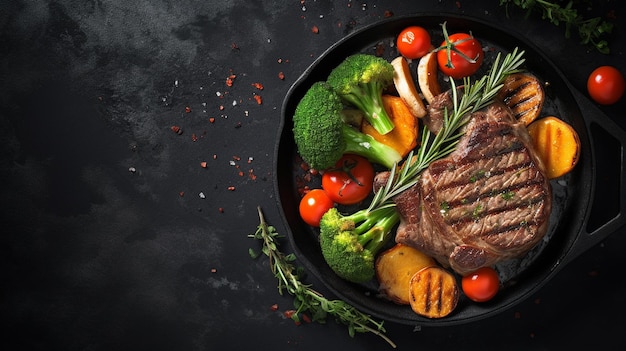 delicious steak with vegetables and spices on a black background