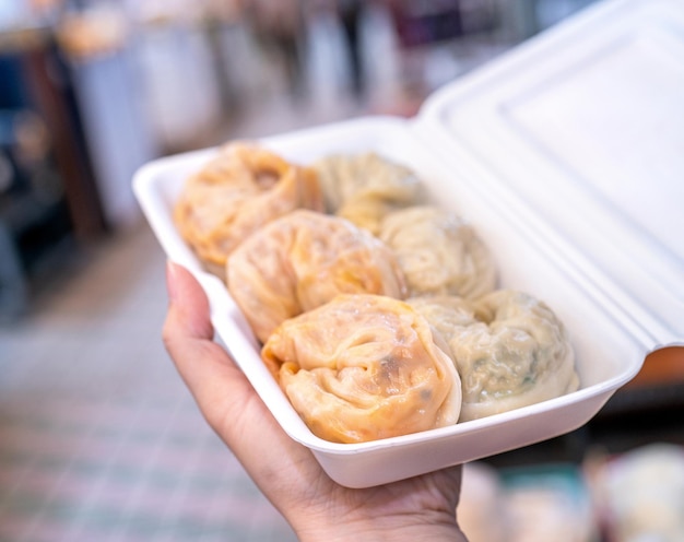 Delicious steamed round shaped dumplings in South Korea traditional market special korean street food cuisine close up bokeh copy space