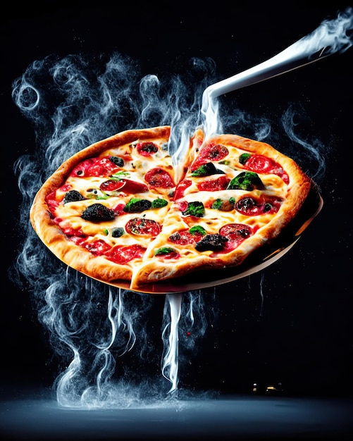 Foto deliziosa pizza al vapore su uno sfondo nero