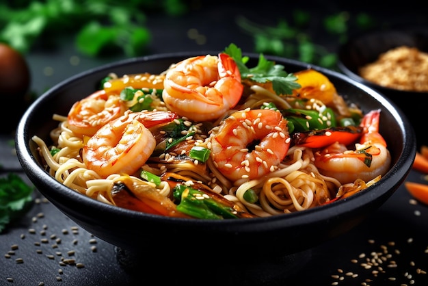 Delicious Stir Fry Noodles with Fresh Vegetables and Succulent Shrimps in Black Bowl Created with Ge