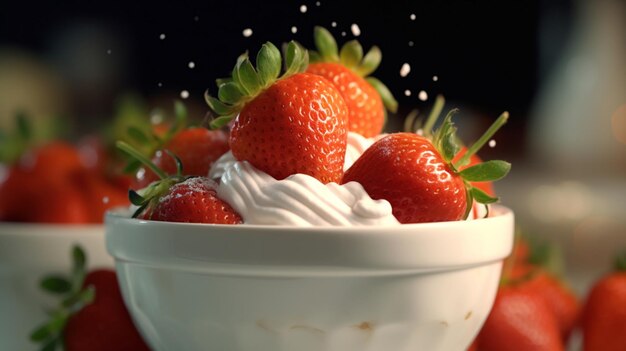 Delicious strawberries in a bowl with whipped AI generative