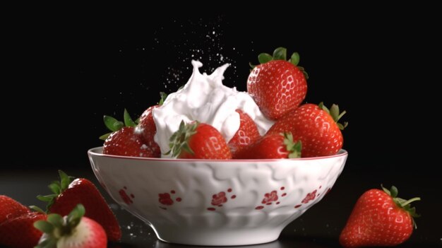 Delicious strawberries in a bowl with whipped AI generative