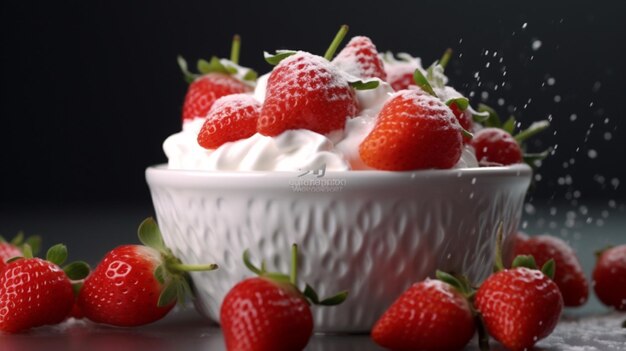 Delicious strawberries in a bowl with whipped AI generative