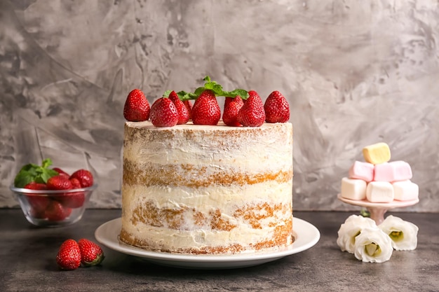 Delicious strawberry cake on table