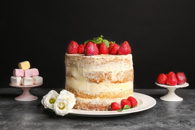 Delicious strawberry cake on table