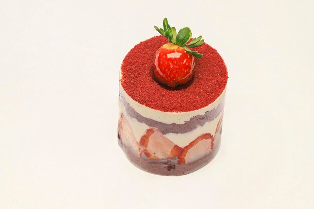 Delicious strawberry cake on white background decorated with mousse fraisier fruit jelly glaze strawberries