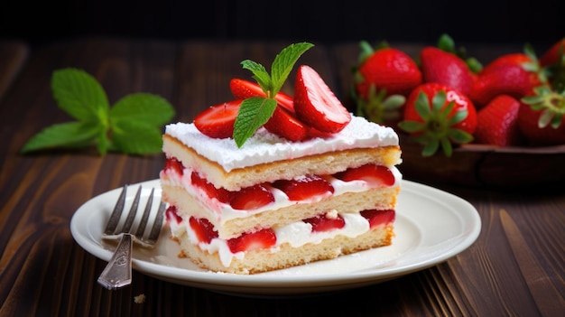 Foto deliziosa torta di fragole con crema su un tavolo di legno