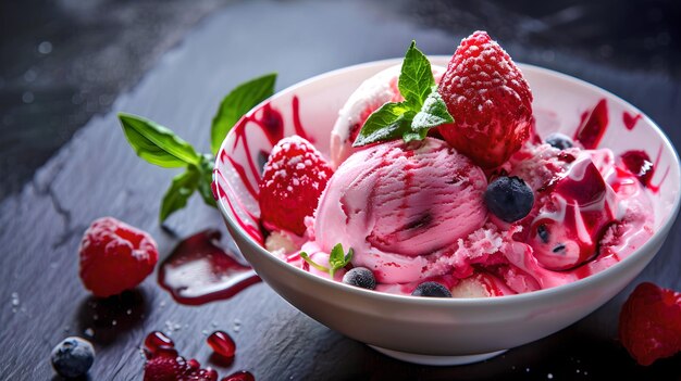 Delicious Strawberry Ice Cream in White Bowl Garnished with Fresh Berries and Mint Perfect Refreshing Dessert for Summer Tasty Fruit Ice Cream Closeup AI