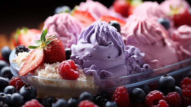 Photo delicious strawberry ice cream with berries closeup