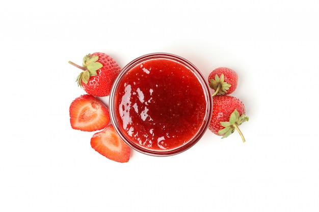 Delicious strawberry jam isolated on white