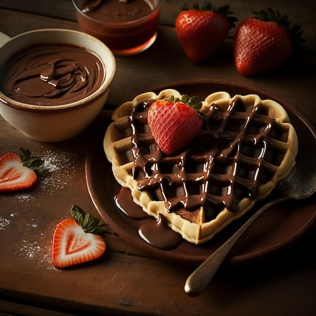 아침 식사용 맛있는 딸기 토핑 초콜릿과 메이플 시럽 와플 Generative AI
