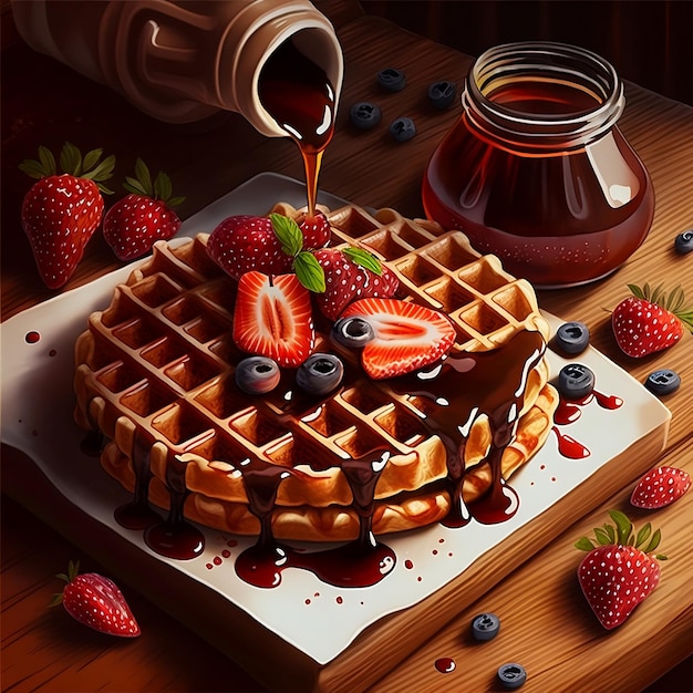 Delicious StrawberryTopped Chocolate and Maple Syrup Waffles for Breakfast Generative AI