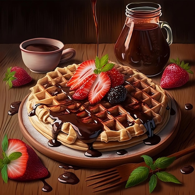 朝食においしいストロベリートッピングのチョコレートとメープルシロップのワッフル 生成 AI