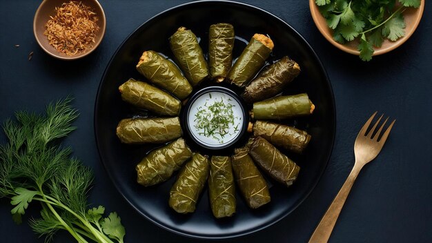 Delicious stuffed grape leaves on a black plate with fresh cilantro and dill