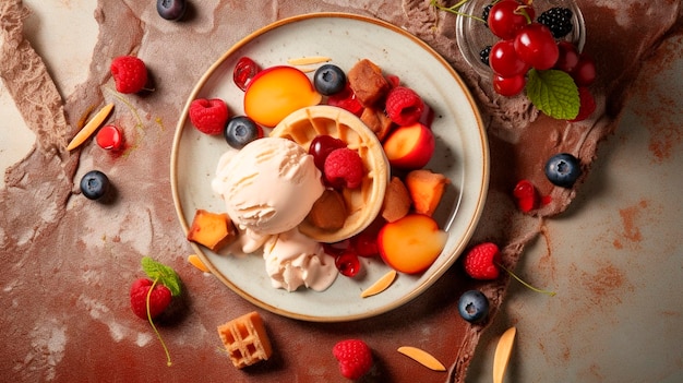 Delicious Summer Indulgence Tempting Flatlay of Fruitinfused Dessert with Mouthwatering Ice Cream Generative AI