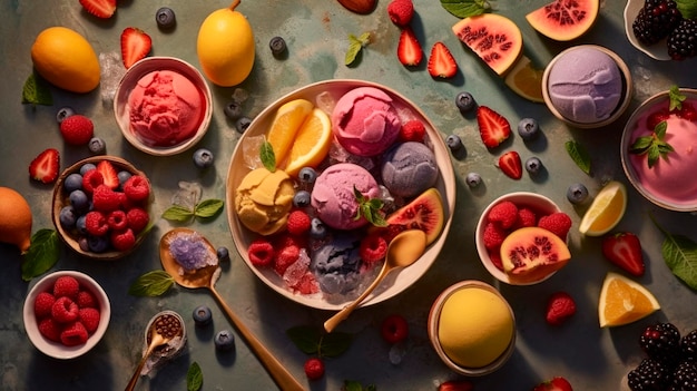 Delicious summer indulgence tempting flatlay of fruitinfused dessert with mouthwatering ice cream generative ai