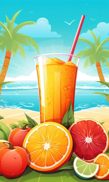 Photo delicious summer juice with awesome beach background