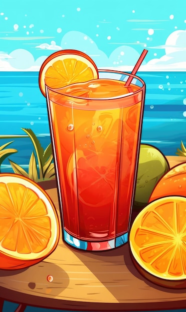 Delicious summer juice with awesome beach background