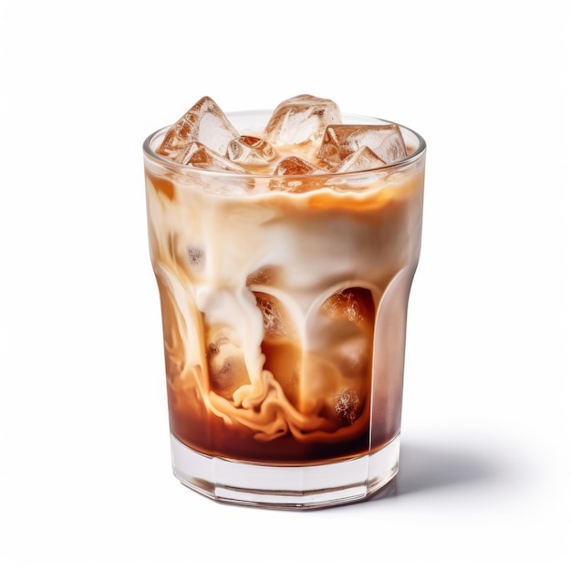 Delicious and sumptuous tall glass Caramel Macchiato on white background