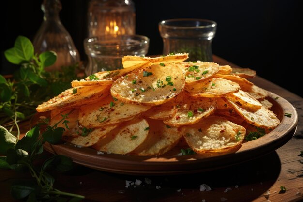 Delicious superior view chips inside the plate in the dark background potato hambu generative IA
