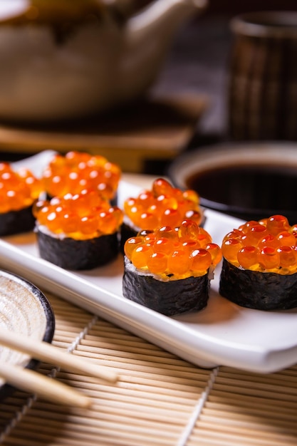 Delicious sushi arranged in plates and ready to serve