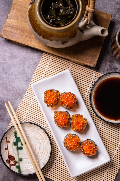 Delicious sushi arranged in plates and ready to serve