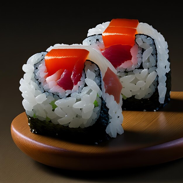 Фото Вкусные суши в деревянной тарелке