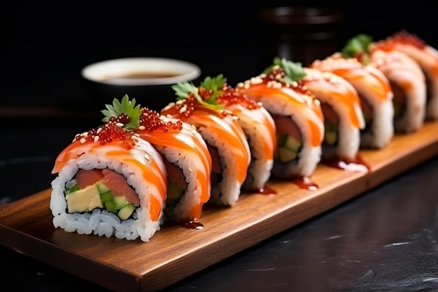 Delicious sushi rolls on black table Japanese food