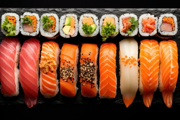 Вкусные суши-роллы и нигири на черном фоне, созданный AI